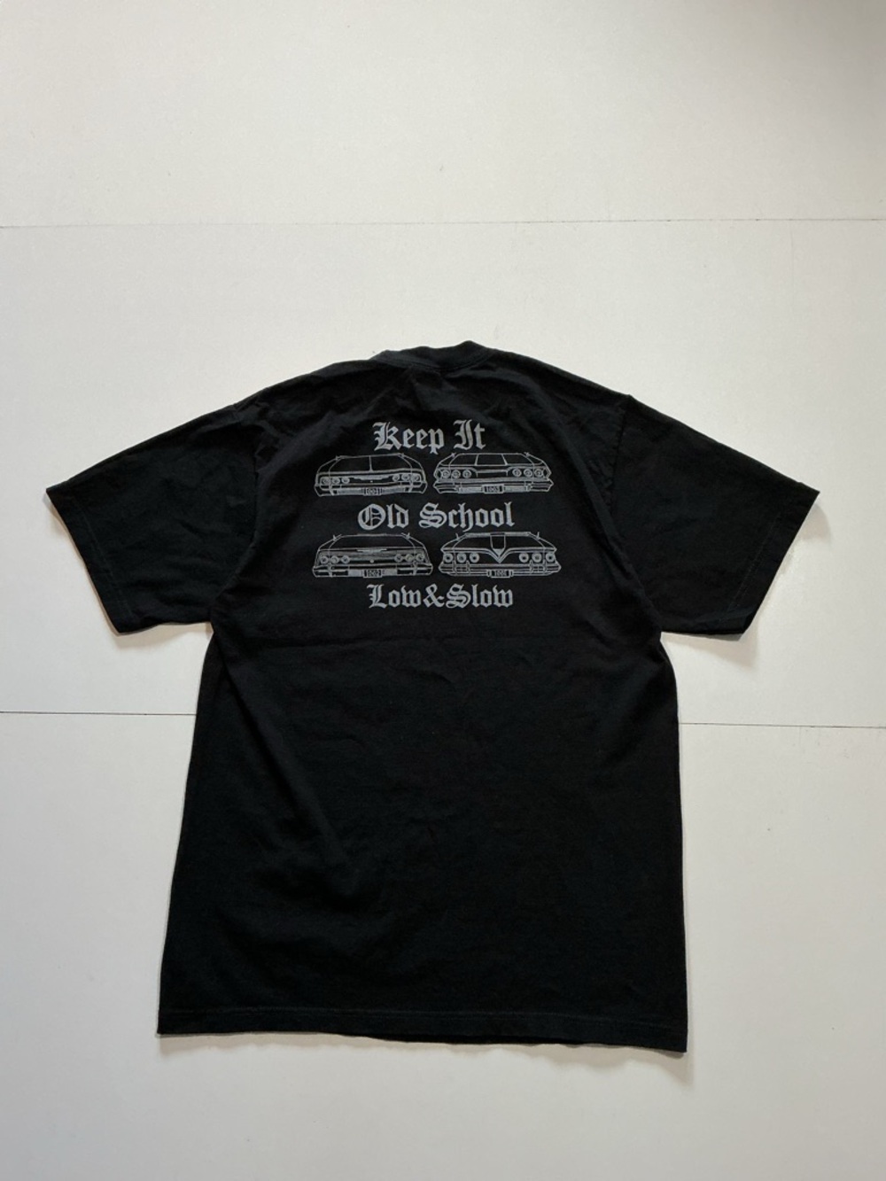 Chevy Impala Chevrolet Keep It Old School Low Slow Lowrider Cars Graphic T-Shirt View 2